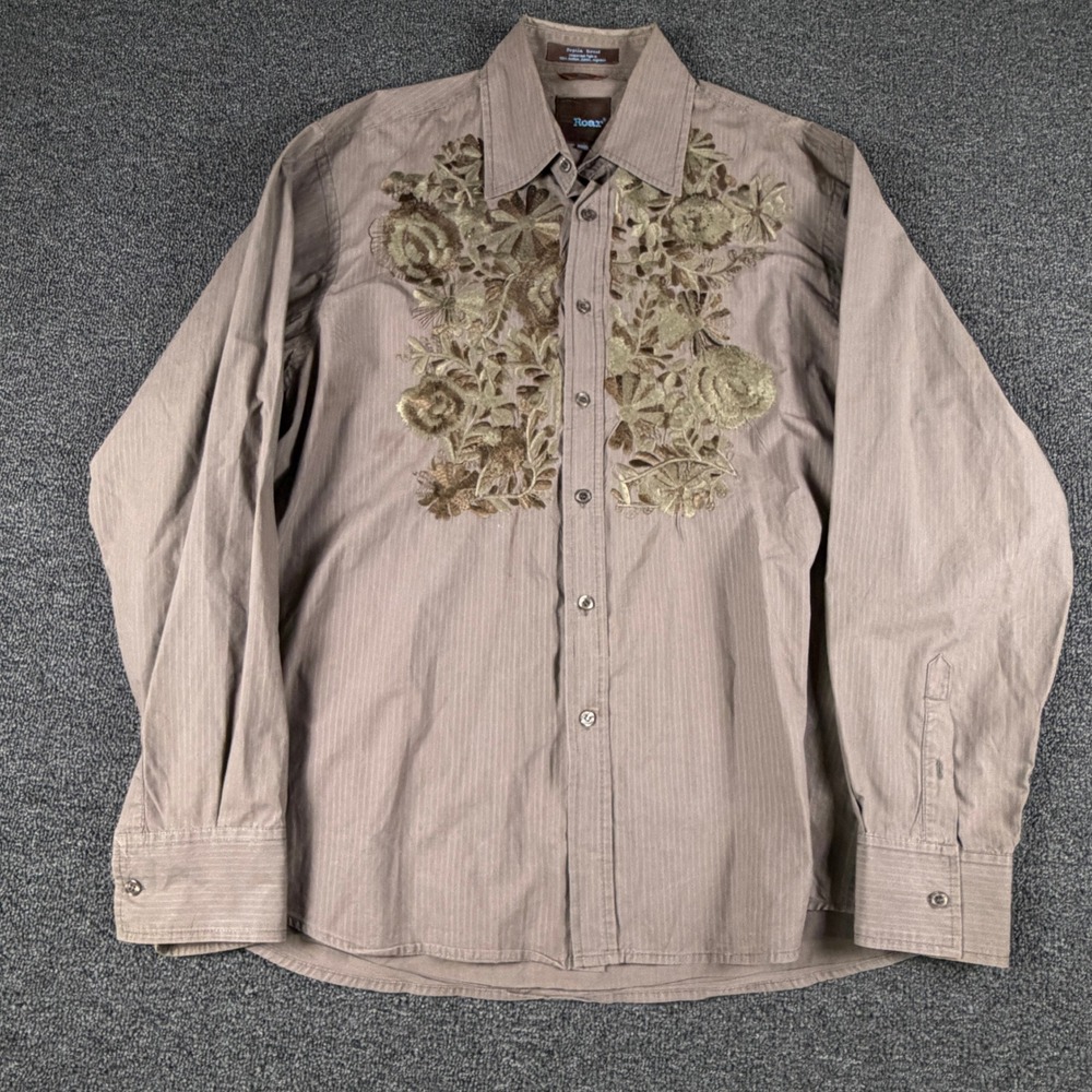 Roar Shirt Mens XL Poplin Douce Brown Floral Embroidered Pinstripe EUC